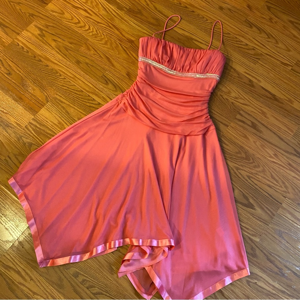 Vintage Y2K Fairy Dress Flutter Handkerchief Hem Sequin Ruched Pink Prom Beaded - Picture 10 of 14